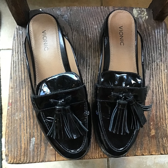 Vionic Shoes - Vionic Black Patent Leather Tassel Mules 7.5